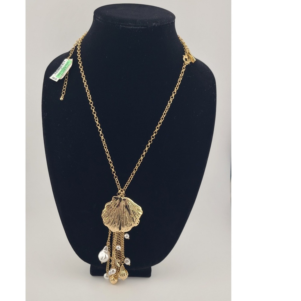 INC International Concepts Gold Tone Shell Pearl Fringe Nautical Necklace NEW